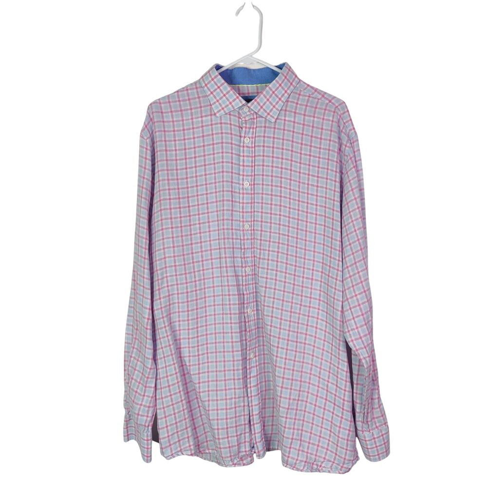 James Tattersall 100% Linen Pink Plaid Preppy Long Sleeve Button Up Shirt XXL